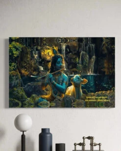 Divine Krishna With Cow By Waterfall | Spiritual Canvas Wall Art | Ethnic Wall Art(Divine Krishna With Cow By Waterfall Spiritual Canvas Wall Art Ethnic Wall Art) -Artociti Sale Store divine krishna with cow by waterfall spiritual canvas wall art ethnic 18x12 inch 626
