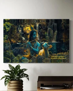 Divine Krishna With Cow By Waterfall | Spiritual Canvas Wall Art | Ethnic Wall Art(Divine Krishna With Cow By Waterfall Spiritual Canvas Wall Art Ethnic Wall Art) -Artociti Sale Store divine krishna with cow by waterfall spiritual canvas wall art ethnic 933