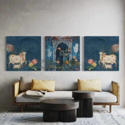 Divine Pichwai Trio: Krishna With Cows Pichwai (Set Of 3) Canvas Set(Divine Pichwai Trio Krishna With Cows Set Of 3 Canvas Set)