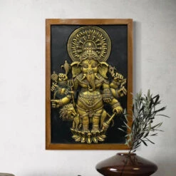 Drishti Ganesha 3D Relief Mural Wall Art(Drishti Ganesha 3d Relief Mural Wall Art Shubh Drishti Vighnaharta Ganesh Idol) 41 Drishti Ganesha 3D Relief Mural Wall Art(Drishti Ganesha 3d Relief Mural Wall Art Shubh Drishti Vighnaharta Ganesh Idol) -Artociti Sale Store drishti ganesha 3d relief mural wall art 24x16 inch gold framed decor 194