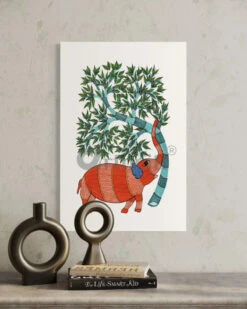 Elephant With A Tree Gond Painting Canvas Giclee Print(Majestic Harmony Elephant With A Tree Gond Painting Canvas Giclee Print)