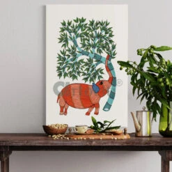 Elephant With A Tree Gond Painting Canvas Giclee Print(Majestic Harmony Elephant With A Tree Gond Painting Canvas Giclee Print) -Artociti Sale Store elephant with a tree gond painting canvas giclee print 30x20 inches 199