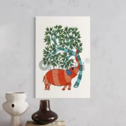 Elephant With A Tree Gond Painting Canvas Giclee Print(Majestic Harmony Elephant With A Tree Gond Painting Canvas Giclee Print) -Artociti Sale Store elephant with a tree gond painting canvas giclee print 338