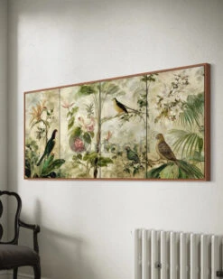 Exotic Birds & Lush Foliage Modern Tropical Abstract Canvas Painting(Exotic Birds Lush Foliage Modern Tropical Abstract Canvas Painting) -Artociti Sale Store exotic birds lush foliage modern tropical abstract canvas painting 72x30 inches floating frame wooden 922
