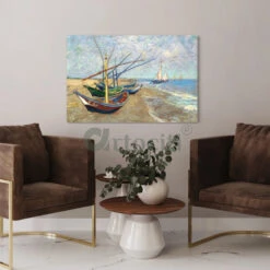 Fishing Boats On The Beach At Saintes Maries By Vincent Van Gogh Canvas Giclee Print(Fishing Boats On The Beach At Saintes Maries By Vincent Van Gogh Canvas Print Dive Into Tranquil Waters Of Artistry)
