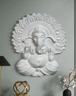 Ganesha With Chakra 3D Relief Mural Wall Art(Ganesha With Chakra 3d Relief Mural Wall Art Divine Harmon Elevate Your Space With Sacred Serenity) -Artociti Sale Store ganesha with chakra 3d relief mural wall art 27x24 inches white left face trunk 364
