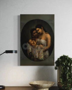 Girl Adoring Her Sister, Who Is Adoring Her Child Raja Ravi Varma Famous Canvas Painting(A Girl Adoring Her Sister Who Is Adoring Her Child By Raja Ravi Varma Famous Canvas Painting)
