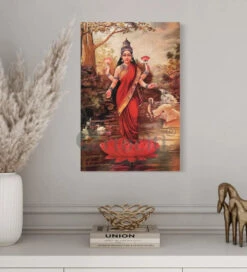 Goddess Lakshmi On Her Lotus By Raja Ravi Varma Famous Canvas Painting(Goddess Lakshmi By Raja Ravi Varma Famous Canvas Painting)