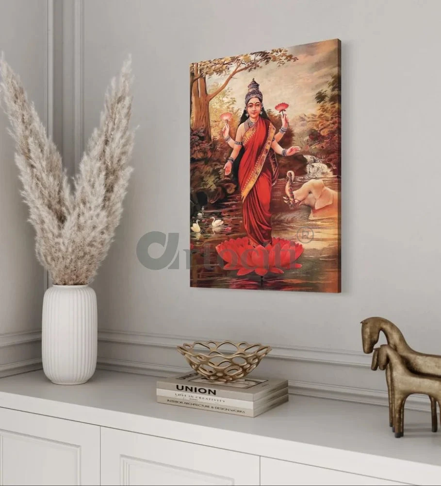 Goddess Lakshmi On Her Lotus By Raja Ravi Varma Famous Canvas Painting(Goddess Lakshmi By Raja Ravi Varma Famous Canvas Painting) 4 Goddess Lakshmi On Her Lotus By Raja Ravi Varma Famous Canvas Painting(Goddess Lakshmi By Raja Ravi Varma Famous Canvas Painting) - Image 2