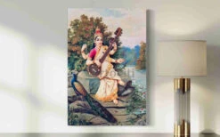 Goddess Saraswati By Raja Ravi Varma Canvas Painting(Raja) -Artociti Sale Store goddess saraswati by raja ravi varma canvas painting 18x12 inch 510
