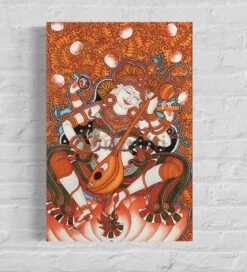 Goddess Saraswati Sitar Art: Vibrant Kerala Mural Canvas(Musical Grace Kerala Mural Goddess Saraswati Sitar Canvas) -Artociti Sale Store goddess saraswati sitar art vibrant kerala mural canvas 30x20 937