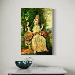 Goddess Saraswati Version 2 By Raja Ravi Varma - Famous Canvas Painting(Goddess Saraswati Version 2 By Raja Ravi Varma Famous Canvas Painting)