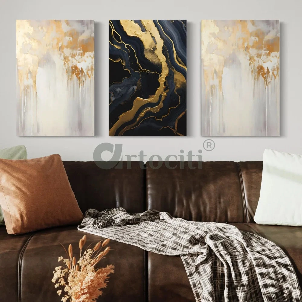 Golden-Black Abstract Canvas Trio Modern Abstract Canvas Painting(Elegance In Contrast Golden Black Marble Abstract Canvas Set Modern Abstract Canvas Painting) 5 Golden-Black Abstract Canvas Trio Modern Abstract Canvas Painting(Elegance In Contrast Golden Black Marble Abstract Canvas Set Modern Abstract Canvas Painting) - Image 3