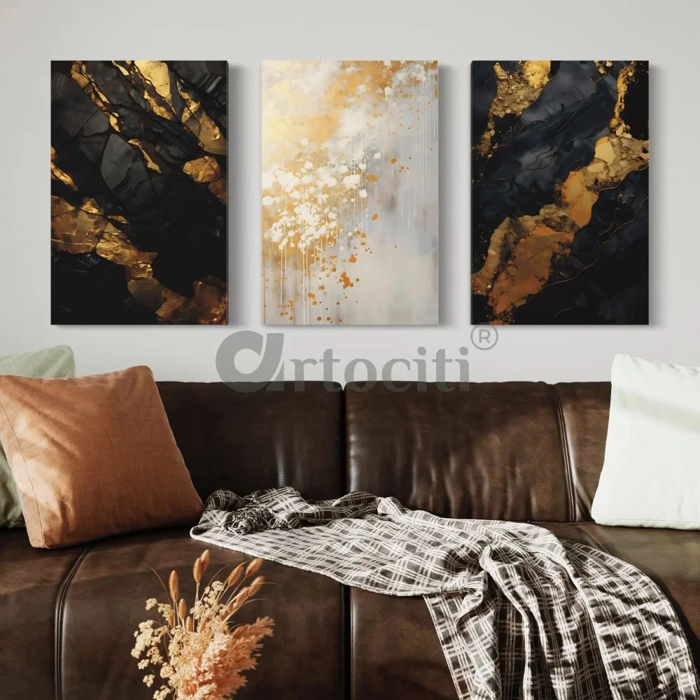 Golden-Black Abstract Canvas Trio Modern Abstract Canvas Painting(Elegance In Contrast Golden Black Marble Abstract Canvas Set Modern Abstract Canvas Painting) 7 Golden-Black Abstract Canvas Trio Modern Abstract Canvas Painting(Elegance In Contrast Golden Black Marble Abstract Canvas Set Modern Abstract Canvas Painting) - Image 5