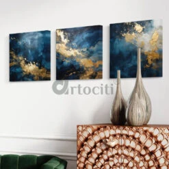 Golden-Blue Abstract Canvas Trio Modern Abstract Canvas Painting(Modern Abstract Canvas Painting In Blue And Golden Set Of 3) -Artociti Sale Store golden blue abstract canvas trio modern painting set of 3 18x18 inhes 138