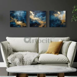 Golden-Blue Abstract Canvas Trio Modern Abstract Canvas Painting(Modern Abstract Canvas Painting In Blue And Golden Set Of 3)