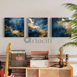 Golden-Blue Abstract Canvas Trio Modern Abstract Canvas Painting(Modern Abstract Canvas Painting In Blue And Golden Set Of 3) -Artociti Sale Store golden blue abstract canvas trio modern painting set of 3 18x18 inhes 262