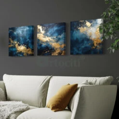 Golden-Blue Abstract Canvas Trio Modern Abstract Canvas Painting(Modern Abstract Canvas Painting In Blue And Golden Set Of 3) -Artociti Sale Store golden blue abstract canvas trio modern painting set of 3 18x18 inhes 547