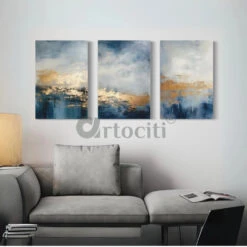 Golden Blue Canvas Trio Modern Abstract Canvas Painting(Modern Abstract Canvas Painting Set Of 3 Gallery Wrapped Ready To Hang)