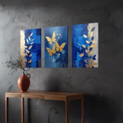 Golden Butterfly And Leaves Abstract Canvas Art Set (Set Of 3)(Golden Butterfly And Leaves Canvas Art Set Set Of 3) -Artociti Sale Store golden butterfly and leaves abstract canvas art set of 3 30x20 inches 495