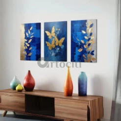 Golden Butterfly And Leaves Abstract Canvas Art Set (Set Of 3)(Golden Butterfly And Leaves Canvas Art Set Set Of 3) -Artociti Sale Store golden butterfly and leaves abstract canvas art set of 3 394