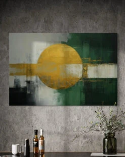 Golden Eclipse On Emerald Base | Golden Sphere Geometry | Modern Abstract Canvas Paintings(Golden Eclipse On Emerald Base Golden Sphere Geometry Modern Abstract Canvas Paintings) -Artociti Sale Store golden eclipse on emerald base sphere geometry modern abstract canvas paintings 24x16 inch 549