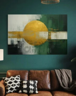 Golden Eclipse On Emerald Base | Golden Sphere Geometry | Modern Abstract Canvas Paintings(Golden Eclipse On Emerald Base Golden Sphere Geometry Modern Abstract Canvas Paintings) -Artociti Sale Store golden eclipse on emerald base sphere geometry modern abstract canvas paintings 48x32 inch 126
