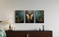 Golden Serenity: 3-Piece Teal Butterfly & Fishes Canvas Art Set(Butterfly And Fishes Abstract Canvas Art Set In Teal And Golden Color Set Of 3) -Artociti Sale Store golden serenity 3 piece teal butterfly fishes canvas art set 18x12 inches 501