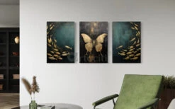 Golden Serenity: 3-Piece Teal Butterfly & Fishes Canvas Art Set(Butterfly And Fishes Abstract Canvas Art Set In Teal And Golden Color Set Of 3) -Artociti Sale Store golden serenity 3 piece teal butterfly fishes canvas art set 201