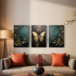 Golden Serenity: 3-Piece Teal Butterfly & Fishes Canvas Art Set(Butterfly And Fishes Abstract Canvas Art Set In Teal And Golden Color Set Of 3)