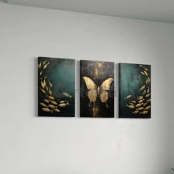 Golden Serenity: 3-Piece Teal Butterfly & Fishes Canvas Art Set(Butterfly And Fishes Abstract Canvas Art Set In Teal And Golden Color Set Of 3) -Artociti Sale Store golden serenity 3 piece teal butterfly fishes canvas art set 656