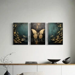 Golden Serenity: 3-Piece Teal Butterfly & Fishes Canvas Art Set(Butterfly And Fishes Abstract Canvas Art Set In Teal And Golden Color Set Of 3) -Artociti Sale Store golden serenity 3 piece teal butterfly fishes canvas art set 827