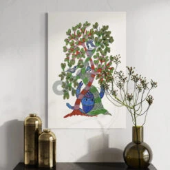 Gond Art Bliss: Bird Of Life Canvas Giclee Print(Gond Art Bliss Bird Of Life Canvas Giclee Print A Symphony Of Nature Bird Sitting In Tree) -Artociti Sale Store gond art bliss bird of life canvas giclee print 30x20 inches 895