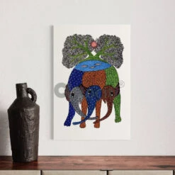 Gond Art Trio: Multicolor Three Elephant With Tree Canvas Print(Enchanting Gond Art Trio Multicolor Three Elephant With Tree Canvas Print)
