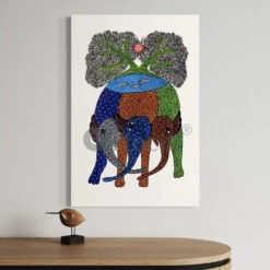 Gond Art Trio: Multicolor Three Elephant With Tree Canvas Print(Enchanting Gond Art Trio Multicolor Three Elephant With Tree Canvas Print) -Artociti Sale Store gond art trio multicolor three elephant with tree canvas print 30x20 inches 588