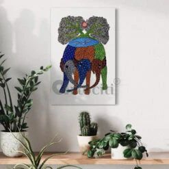 Gond Art Trio: Multicolor Three Elephant With Tree Canvas Print(Enchanting Gond Art Trio Multicolor Three Elephant With Tree Canvas Print) -Artociti Sale Store gond art trio multicolor three elephant with tree canvas print 530