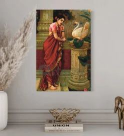 Hamsa Damayanthi By Raja Ravi Varma Famous Canvas Painting(Copy Of Raja Ravi Varma Famous Paintings Hamsa Damayanthi Radha In The Moonlight Lakashmi Canvas Painting Size 24x16 Inches)