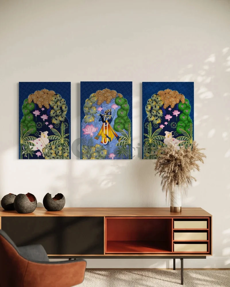 Indian Colorful Krishna Pichwai Wall Canvas Painting (Set Of 3)(Pichwai Wall Painting Gp) 3 Indian Colorful Krishna Pichwai Wall Canvas Painting (Set Of 3)(Pichwai Wall Painting Gp)