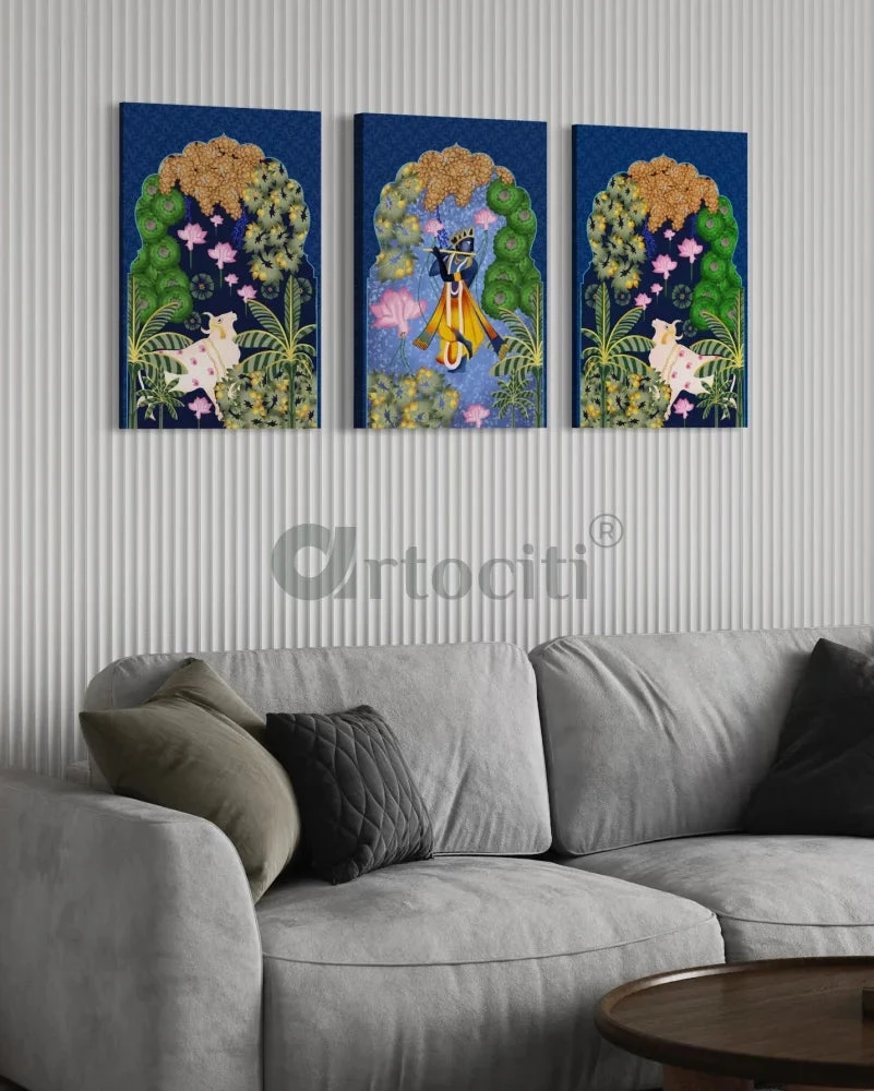 Indian Colorful Krishna Pichwai Wall Canvas Painting (Set Of 3)(Pichwai Wall Painting Gp) 6 Indian Colorful Krishna Pichwai Wall Canvas Painting (Set Of 3)(Pichwai Wall Painting Gp) - Image 4