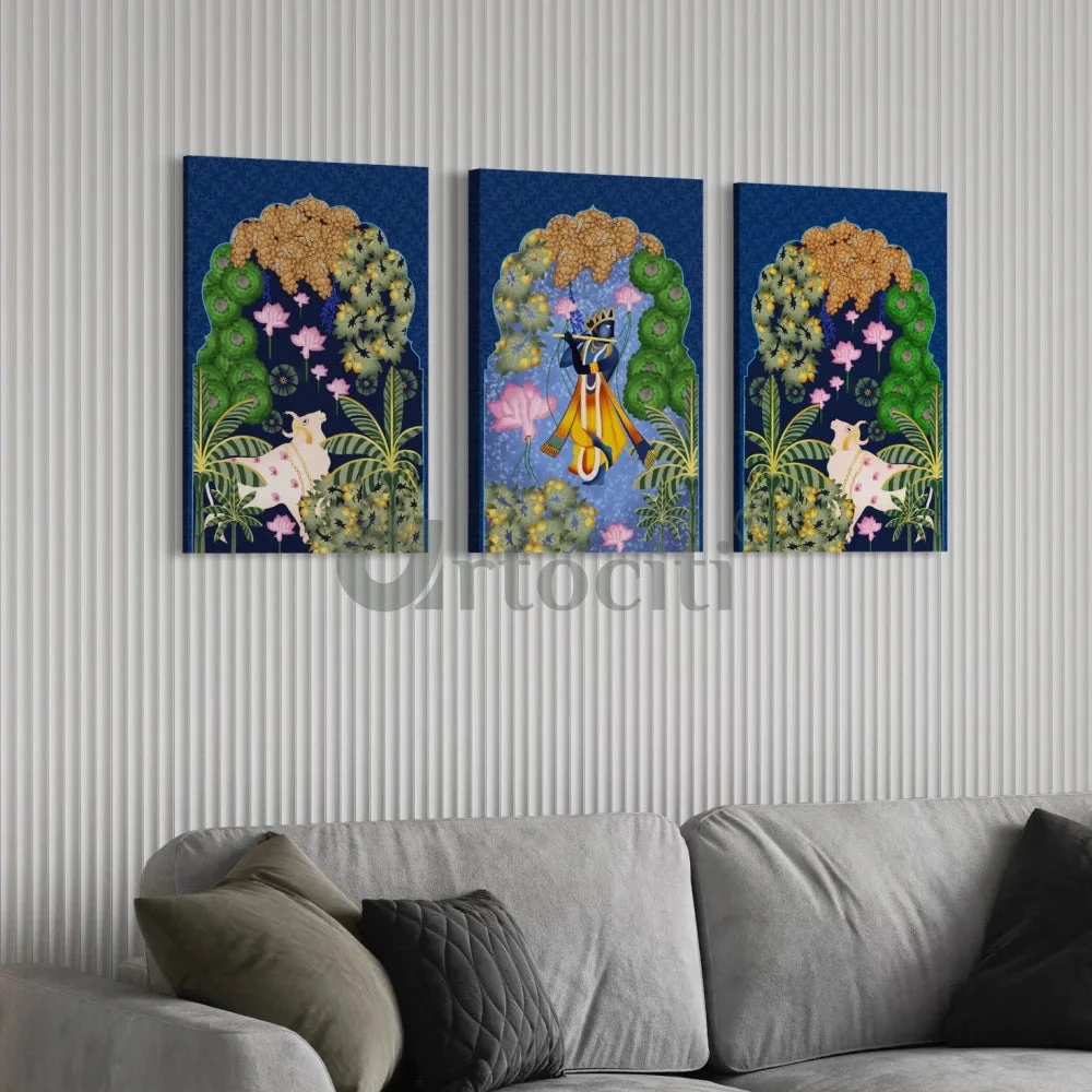 Indian Colorful Krishna Pichwai Wall Canvas Painting (Set Of 3)(Pichwai Wall Painting Gp) 5 Indian Colorful Krishna Pichwai Wall Canvas Painting (Set Of 3)(Pichwai Wall Painting Gp) - Image 3