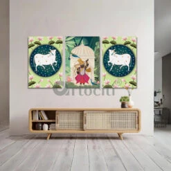 Indian Pastel Green Shreenath Ji Pichwai Painting Set Of 3(Indian Pastel Green Shreenath Ji Pichwai Painting Set Of 3 High Quality Giclee Print Ready To Hang)