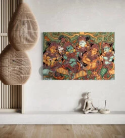 Kerala Mural Canvas Painting Of Lord Krishna And His Gopis High Quality Giclee Print(Kerala Mural Canvas Painting High Quality Giclee Print Gallery Wrapped Ready To Hang) -Artociti Sale Store kerala mural canvas painting of lord krishna and his gopis high quality giclee print 24x16 190