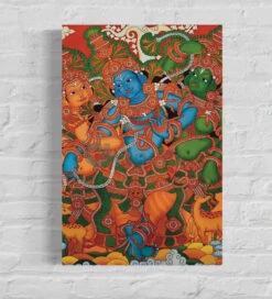 Kerala Mural Krishna With Gopis Canvas Painting(Vibrant Melodies Kerala Mural Krishna With Gopis Canvas Painting) -Artociti Sale Store kerala mural krishna with gopis canvas painting 30x20 210
