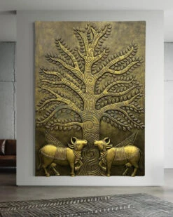 Krishna Cow Pichwai With Tree Of Life 3D Relief Mural Wall Art(Pichwai Cow With Tree Of Life 3d Relief Mural Wall Art Ready To Hang) -Artociti Sale Store krishna cow pichwai with tree of life 3d relief mural wall art 513