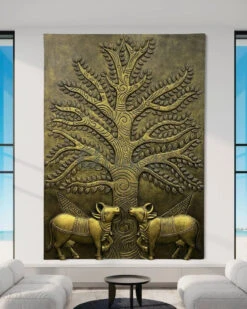 Krishna Cow Pichwai With Tree Of Life 3D Relief Mural Wall Art(Pichwai Cow With Tree Of Life 3d Relief Mural Wall Art Ready To Hang) -Artociti Sale Store krishna cow pichwai with tree of life 3d relief mural wall art 858