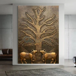 Krishna Cow Pichwai With Tree Of Life 3D Relief Mural Wall Art(Pichwai Cow With Tree Of Life 3d Relief Mural Wall Art Ready To Hang) -Artociti Sale Store krishna cow pichwai with tree of life 3d relief mural wall art 863