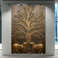 Krishna Cow Pichwai With Tree Of Life 3D Relief Mural Wall Art(Pichwai Cow With Tree Of Life 3d Relief Mural Wall Art Ready To Hang) -Artociti Sale Store krishna cow pichwai with tree of life 3d relief mural wall art bronze 84x60 inches 404