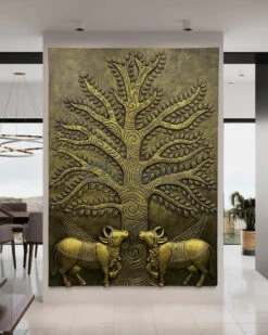 Krishna Cow Pichwai With Tree Of Life 3D Relief Mural Wall Art(Pichwai Cow With Tree Of Life 3d Relief Mural Wall Art Ready To Hang) -Artociti Sale Store krishna cow pichwai with tree of life 3d relief mural wall art golden 84x60 inches 722