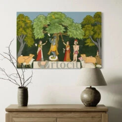 Krishna Entertaining Companions Pichwai Art Canvas Giclee Painting(Krishna Entertaining His Companions Pichwai Art Painting Krishna Playing Flute Canvas Giclee Painting)
