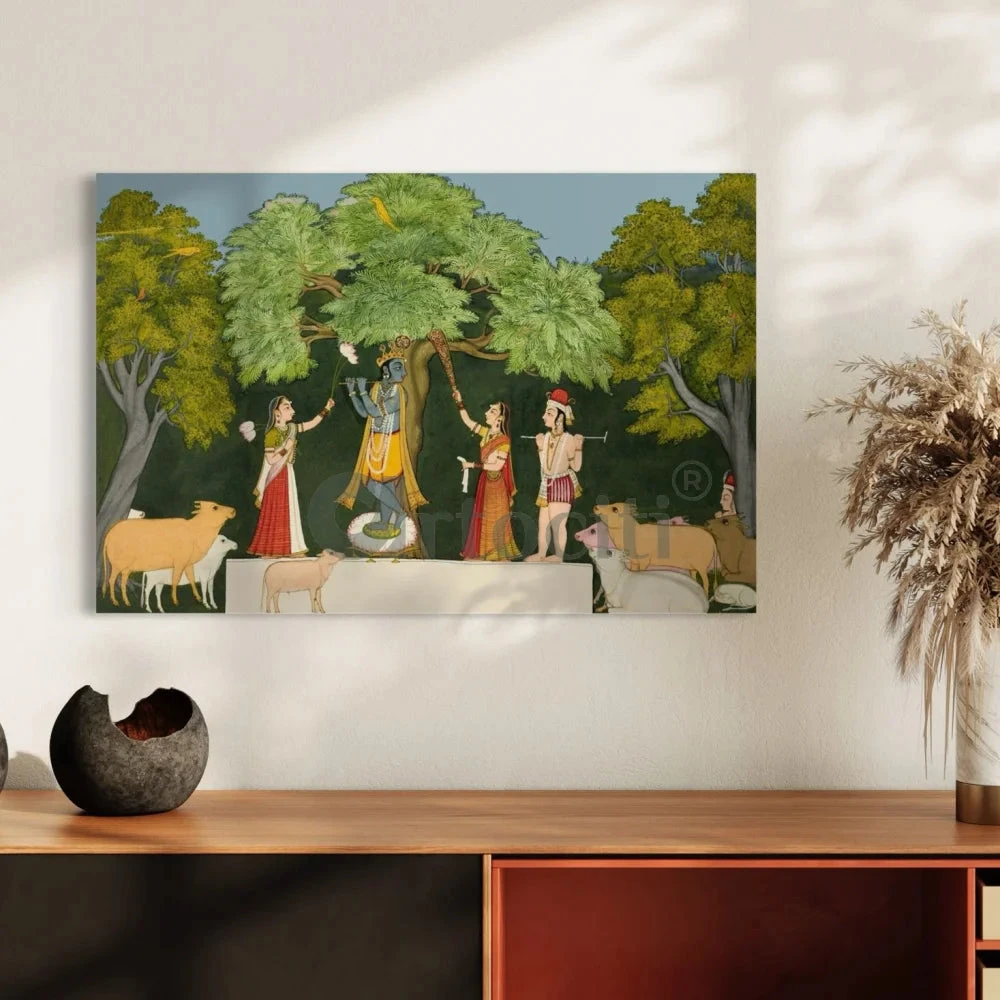 Krishna Entertaining Companions Pichwai Art Canvas Giclee Painting(Krishna Entertaining His Companions Pichwai Art Painting Krishna Playing Flute Canvas Giclee Painting) 4 Krishna Entertaining Companions Pichwai Art Canvas Giclee Painting(Krishna Entertaining His Companions Pichwai Art Painting Krishna Playing Flute Canvas Giclee Painting) - Image 2